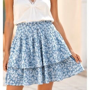 TEMT  Ruffle Mini Skirt Floral Blue White Coastal Cottagecore Boho AU Sz 8 US M